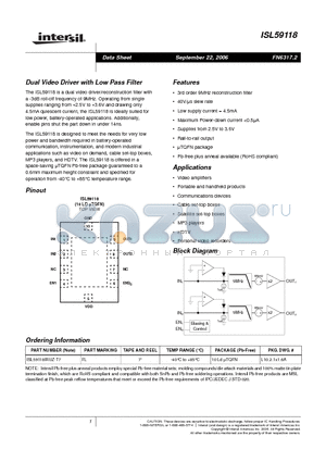 ISL59118 datasheet - Dual Video Driver with Low Pass Filter