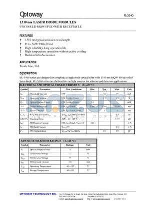 PL-3540S-SBS datasheet - 1310 nm LASER DIODE MODULES UNCOOLED MQW-FP LD WITH RECEPTACLE