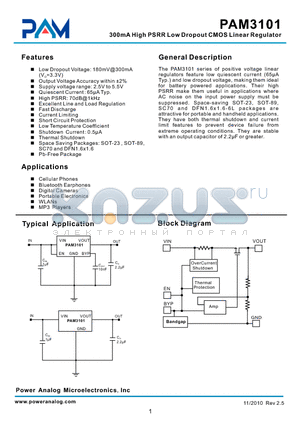 PAM3101AAA280 datasheet - 300mA High PSRR Low Dropout CMOS Linear Regulator