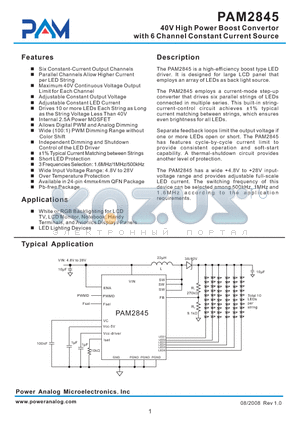 PAM2845 datasheet - 40V High Power Boost Convertor with 6 Channel Constant Current Source