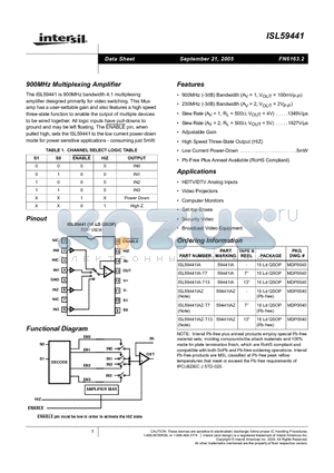 ISL59441IA datasheet - 900MHz Multiplexing Amplifier