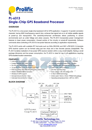 PL-6313 datasheet - Single-Chip GPS Baseband Processor