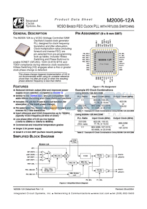 M2006-12A datasheet - VCSO BASED FEC CLOCK PLL WITH HITLESS SWITCHING
