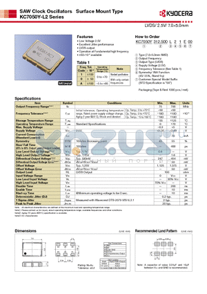 KC7050Y-L2 datasheet - SAW Clock Oscillators Surface Mount Type