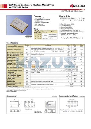 KC7050Y-P2 datasheet - SAW Clock Oscillators Surface Mount Type