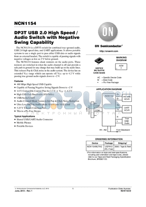 NCN1154 datasheet - DP3T USB 2.0 High Speed / Audio Switch with Negative Swing Capability