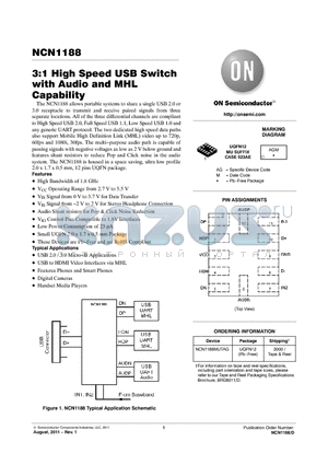 NCN1188 datasheet - 3:1 High Speed USB Switch with Audio and MHL Capability