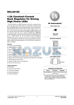 NCL30160 datasheet - 1.0A Constant-Current Buck Regulator for Driving High Power LEDs