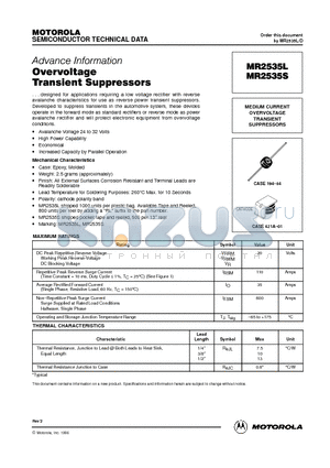 MR2535 datasheet - MEDIUM CURRENT OVERVOLTAGE TRANSIENT SUPPRESSORS