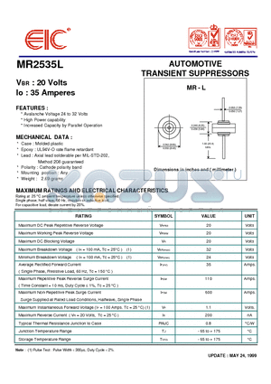 MR2535L datasheet - AUTOMOTIVE TRANSIENT SUPPRESSORS
