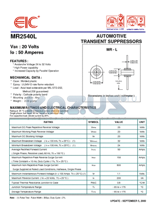 MR2540L datasheet - AUTOMOTIVE TRANSIENT SUPPRESSORS