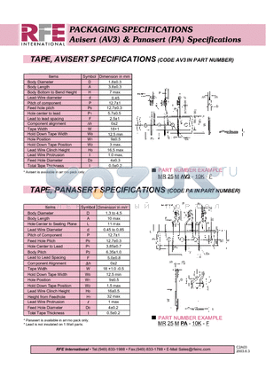 MR25MAV3-10K-F datasheet - PACKAGING SPECIFICATIONS Avisert (AV3) & Panasert (PA) Specifications