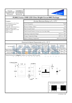 PL0012-WDG23 datasheet - SMD LED Ultra Bright Green 0805 Package