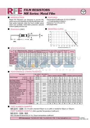 MR25R-100K-F datasheet - FILM RESISTORS MR Series: Metal Film