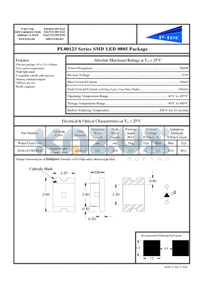 PL00123-WCR08 datasheet - PL00123 Series SMD LED 0805 Package