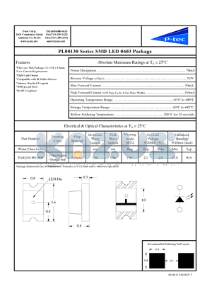 PL00130-WCR08 datasheet - PL00130 Series SMD LED 0603 Package