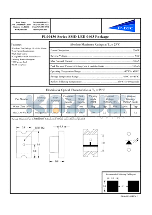 PL00130-WCR27 datasheet - PL00130 Series SMD LED 0603 Package