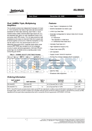 ISL59482IRZ datasheet - Dual, 500MHz Triple, Multiplexing Amplifiers