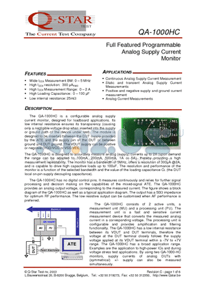 QA-1000HC datasheet - Full Featured Programmable Analog Supply Current Monitor