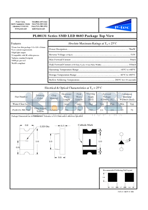 PL00131-WCY06 datasheet - PL00131 Series SMD LED 0603 Package Top View