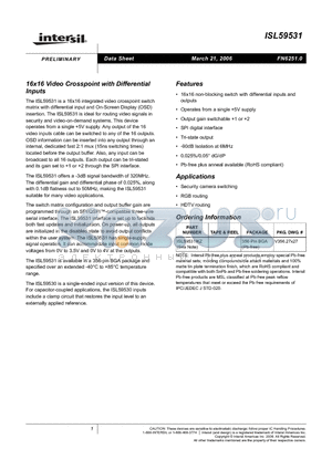 ISL59531IKZ datasheet - 16x16 Video Crosspoint with Differential Inputs