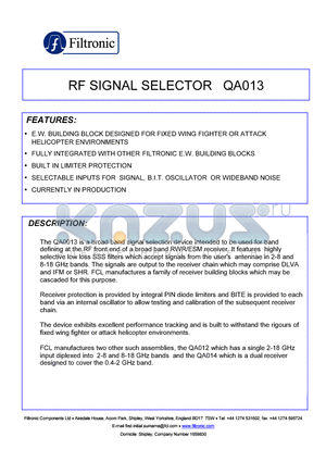 QA013 datasheet - RF SIGNAL SELECTOR