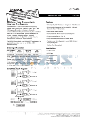 ISL59450IQZ datasheet - Multiformat Video Crosspoint with Integrated Sync Separator
