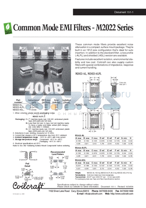 M2022-ASL datasheet - Common Mode EMI Filters