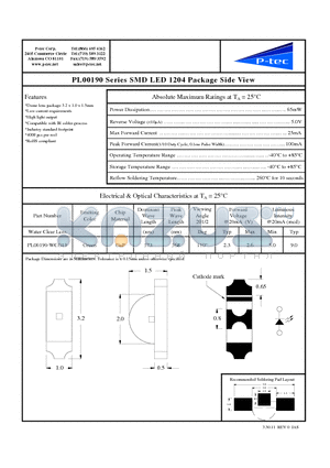 PL00190-WCG13 datasheet - PL00190 Series SMD LED 1204 Package Side View