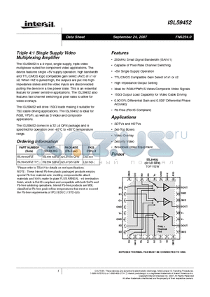 ISL59452 datasheet - Triple 4:1 Single Supply Video Multiplexing Amplifier