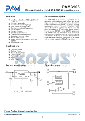 PAM3103 datasheet - 300mAAdjustable High PSRR CMOS Linear Regulator