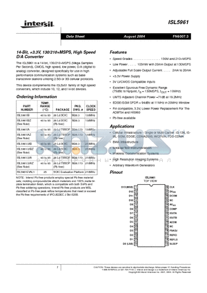 ISL5961 datasheet - 14-Bit, 3.3V, 130/210MSPS, High Speed D/A Converter