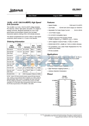 ISL5961IA datasheet - 14-Bit, 3.3V, 130/210MSPS, High Speed D/A Converter