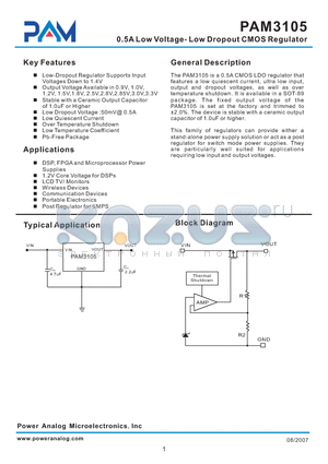 PAM3105GNDCA285 datasheet - 0.5A Low Voltage- Low Dropout CMOS Regulator