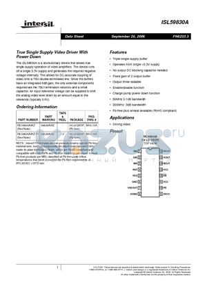 ISL59830A datasheet - True Single Supply Video Driver With Power Down