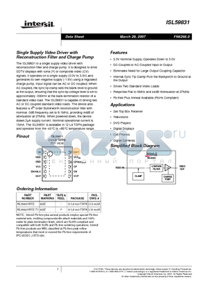 ISL59831IRTZ-T7 datasheet - Single Supply Video Driver with Reconstruction Filter and Charge Pump