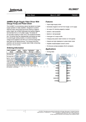 ISL59837 datasheet - 200MHz Single Supply Video Driver With Charge Pump and Power Down