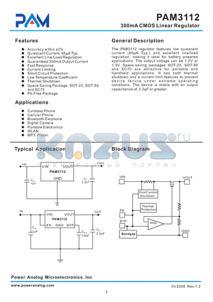 PAM3112FUK130 datasheet - 300mA CMOS Linear Regulator