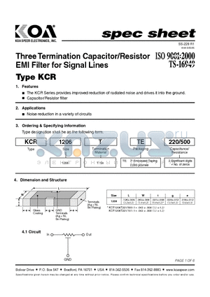 KCR1206T221/101 datasheet - Three Termination Capacitor/Resistor EMI Filter for Signal Lines