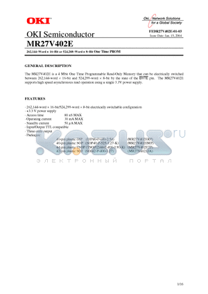 MR27V402E datasheet - 262,144-Word x 16-Bit or 524,288-Word x 8-Bit One Time PROM