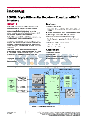 ISL59911IRZ datasheet - 250MHz Triple Differential Receiver/ Equalizer with I2C Interface