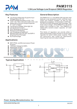 PAM3115BEC100 datasheet - 1.5A Low Voltage-Low Dropout CMOS Regulator