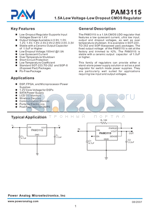 PAM3115ALA285 datasheet - 1.5A Low Voltage-Low Dropout CMOS Regulator