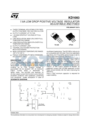 KD1083V15 datasheet - 7.5A LOW DROP POSITIVE VOLTAGE REGULATOR ADJUSTABLE AND FIXED