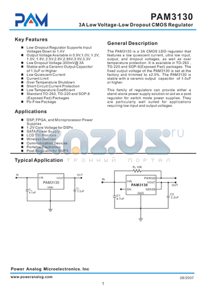 PAM3130BMB100 datasheet - 3A Low Voltage-Low Dropout CMOS Regulator