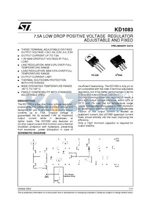 KD1083V30 datasheet - 7.5A LOW DROP POSITIVE VOLTAGE REGULATOR ADJUSTABLE AND FIXED