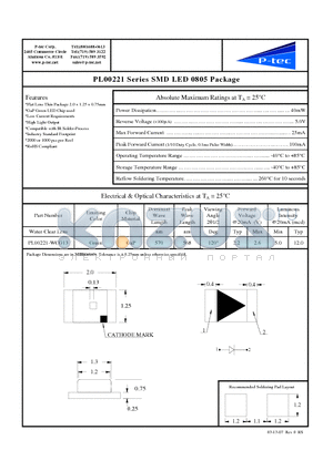 PL00221-WCG13 datasheet - SMD LED 0805 Package