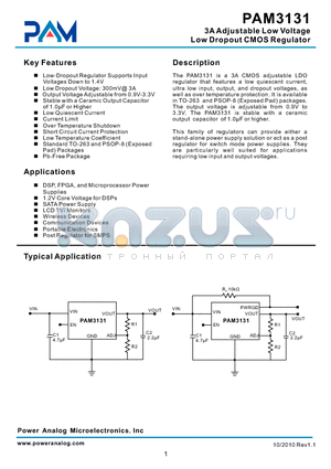 PAM3131 datasheet - 3A Adjustable Low Voltage Low Dropout CMOS Regulator