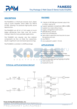 PAM8202 datasheet - Tiny Package 2 Watt Class-D Stereo Audio Amplifier