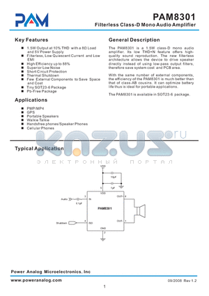 PAM8301AAF datasheet - Filterless Class-D Mono Audio Amplifier